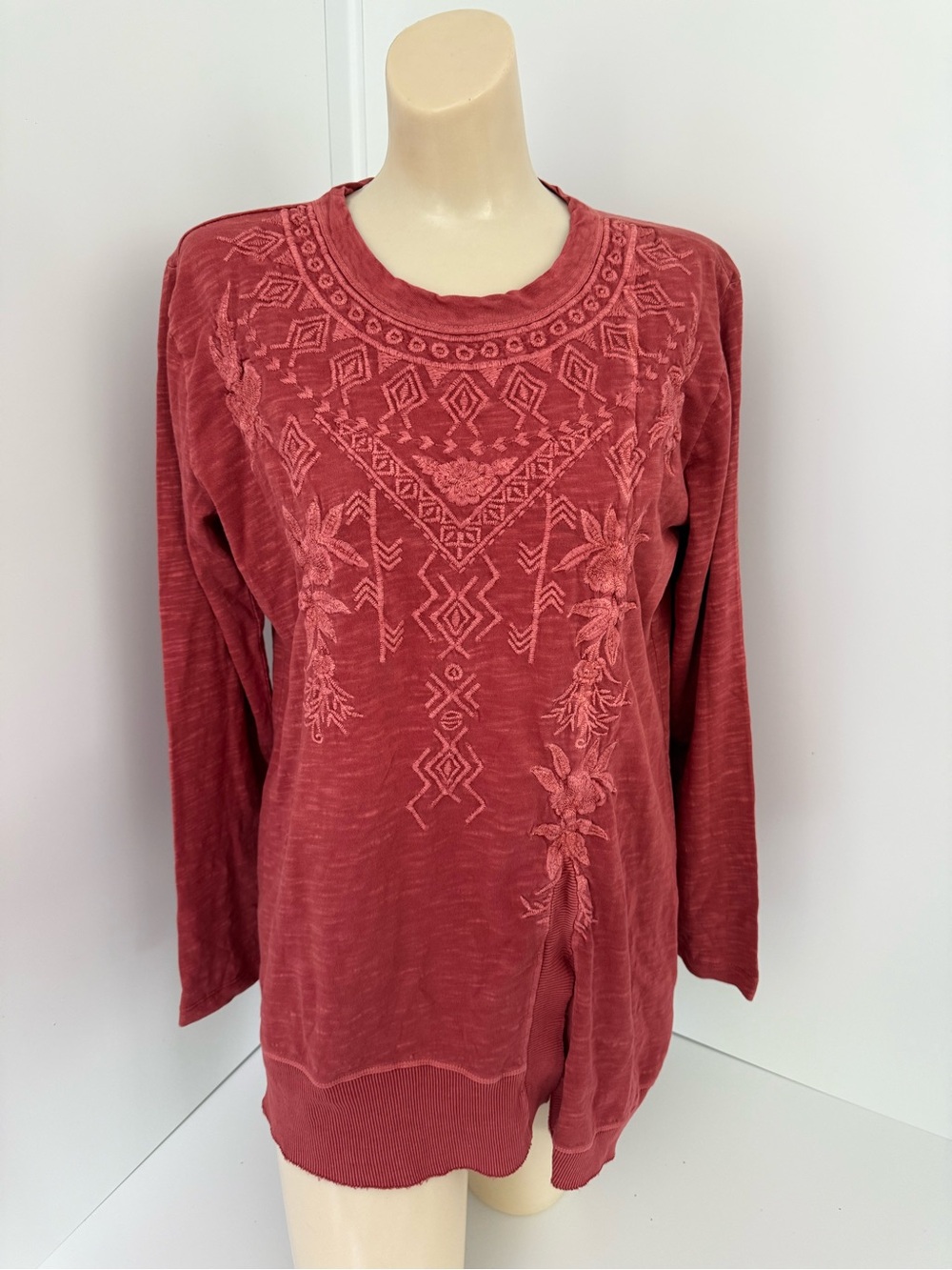 Caite Jada Top Boho Embroidered Long Sleeve Cotton Shirt - Chilli Oil - Size S